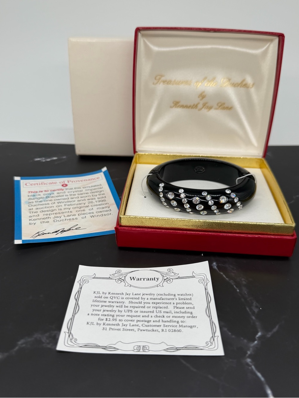 KJL Kenneth Jay Lane Black Lucite Bangle Bracelet Clear Crystals Signed